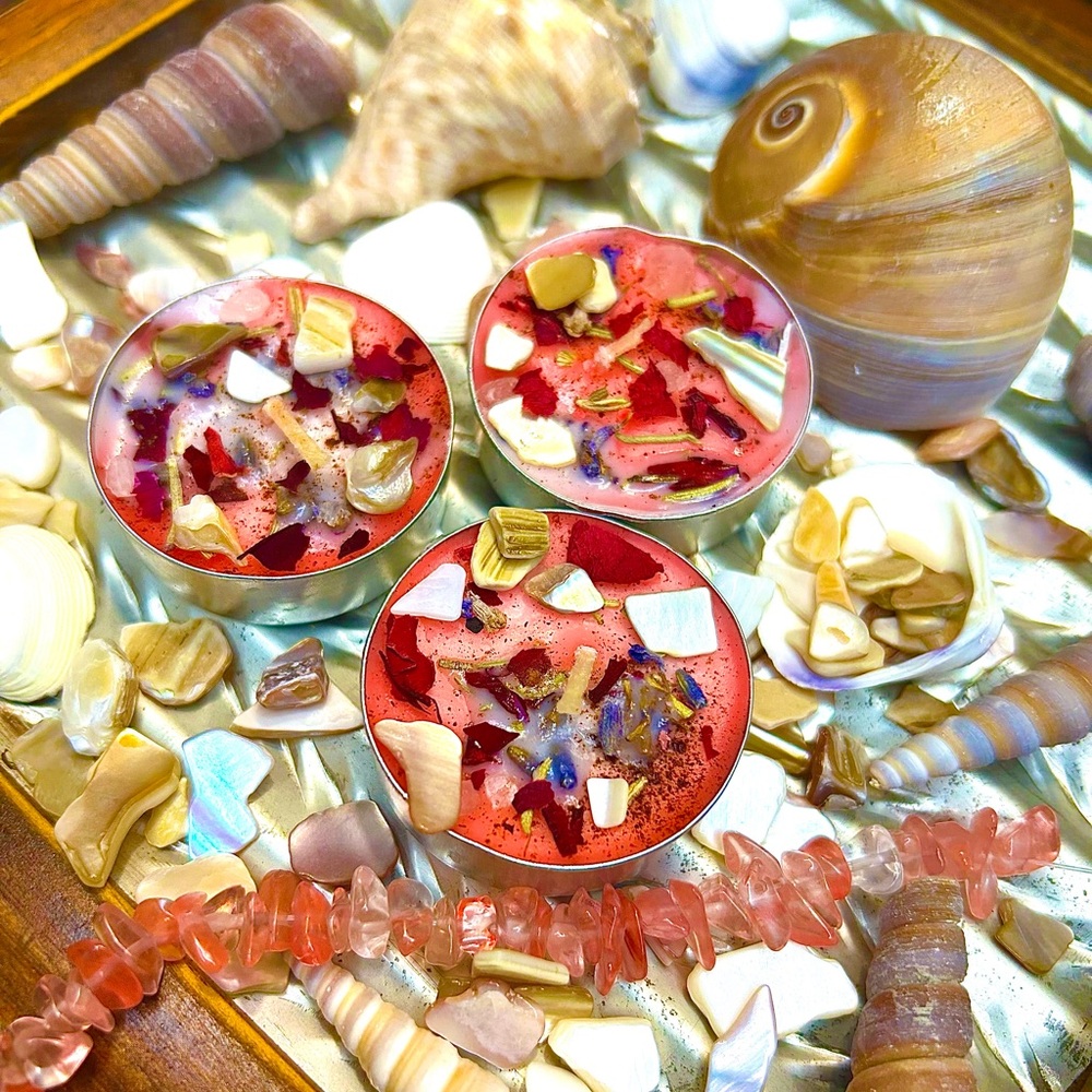 Aphrodites 7 Tea Light Ritual Candles Pink salt Spelled Sea shells rose pedals